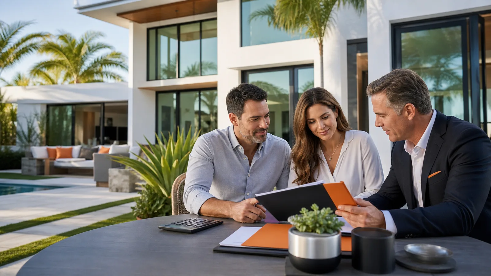 A consultation outside a contemporary home with broad windows.
