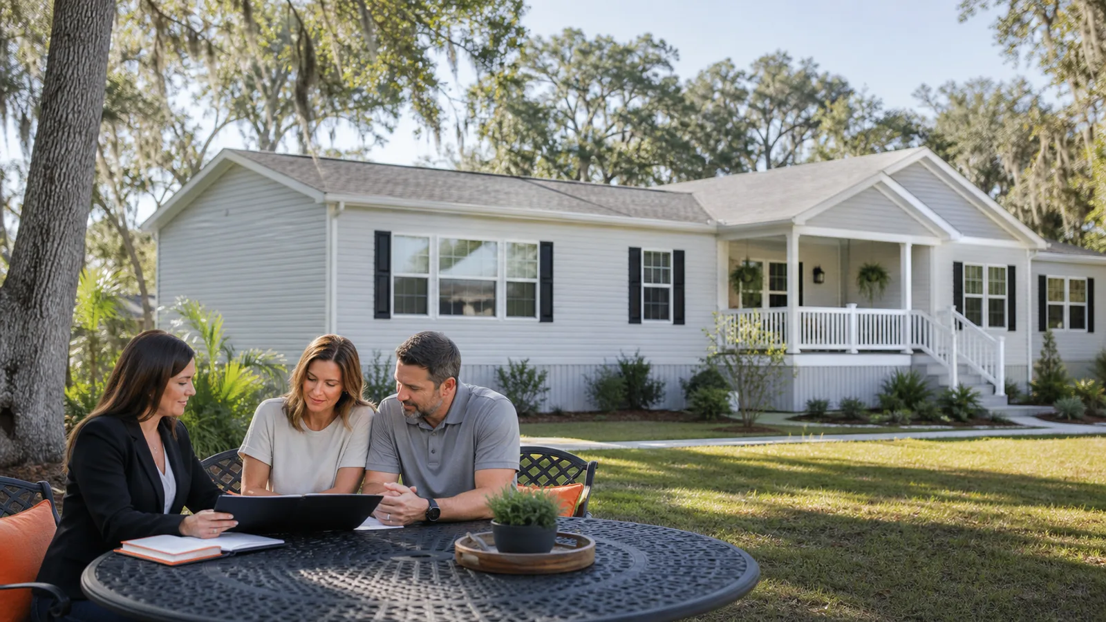 A modest manufactured home and a small group seated in its yard.