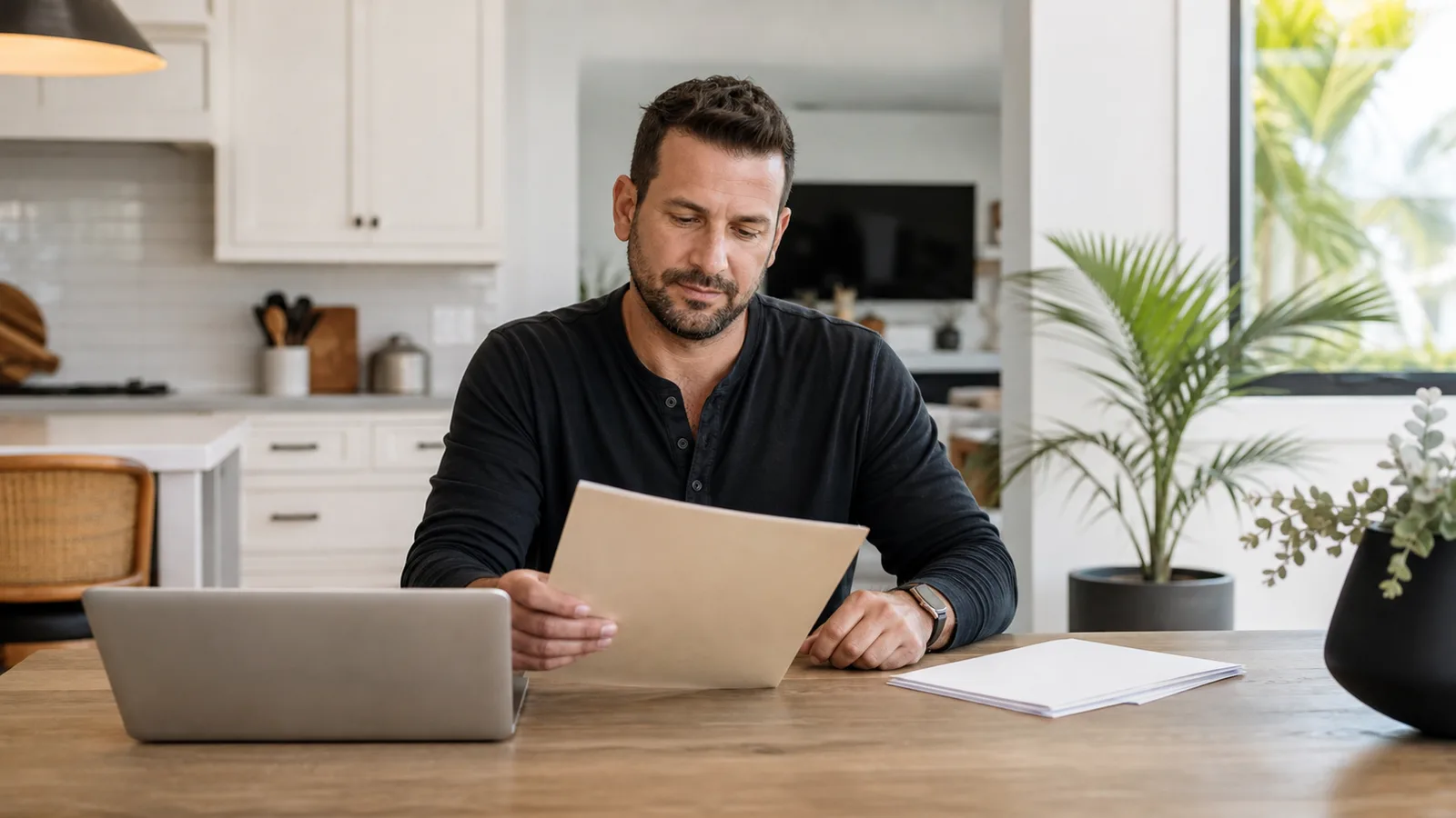 A person reviewing a folder at a sunlit home table.
