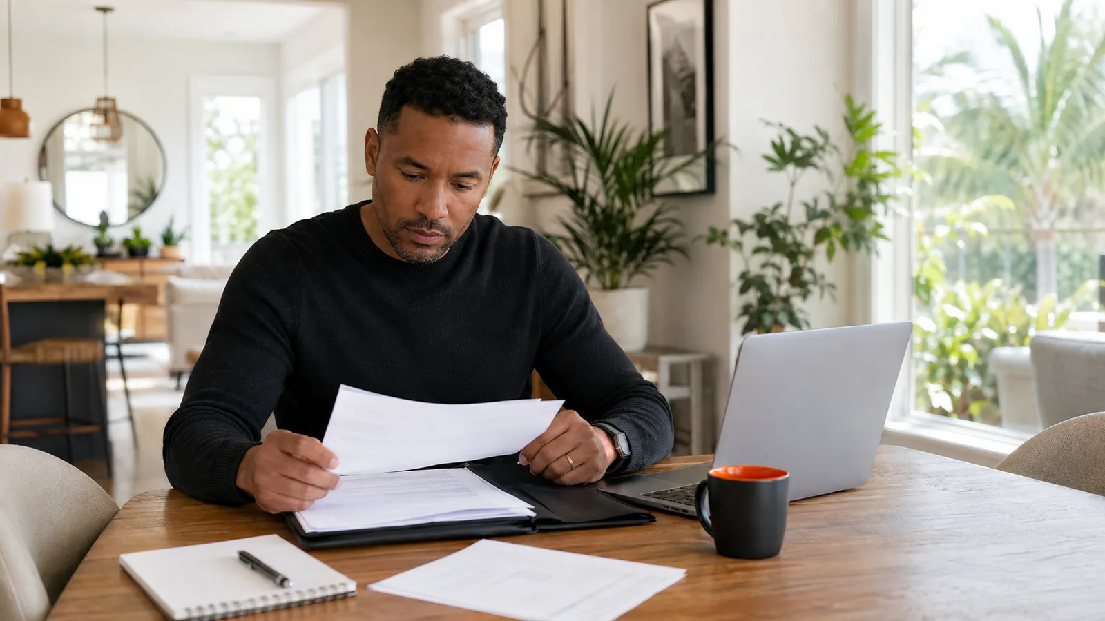 A man reviewing papers at a bright kitchen island.