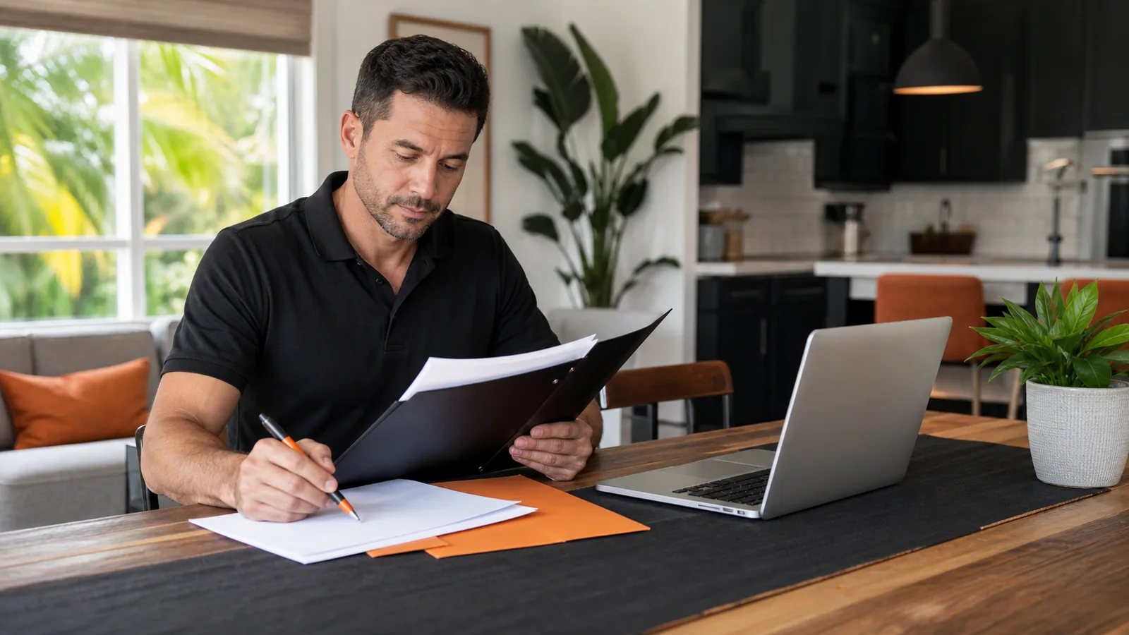 A man preparing papers at a sunlit home table.