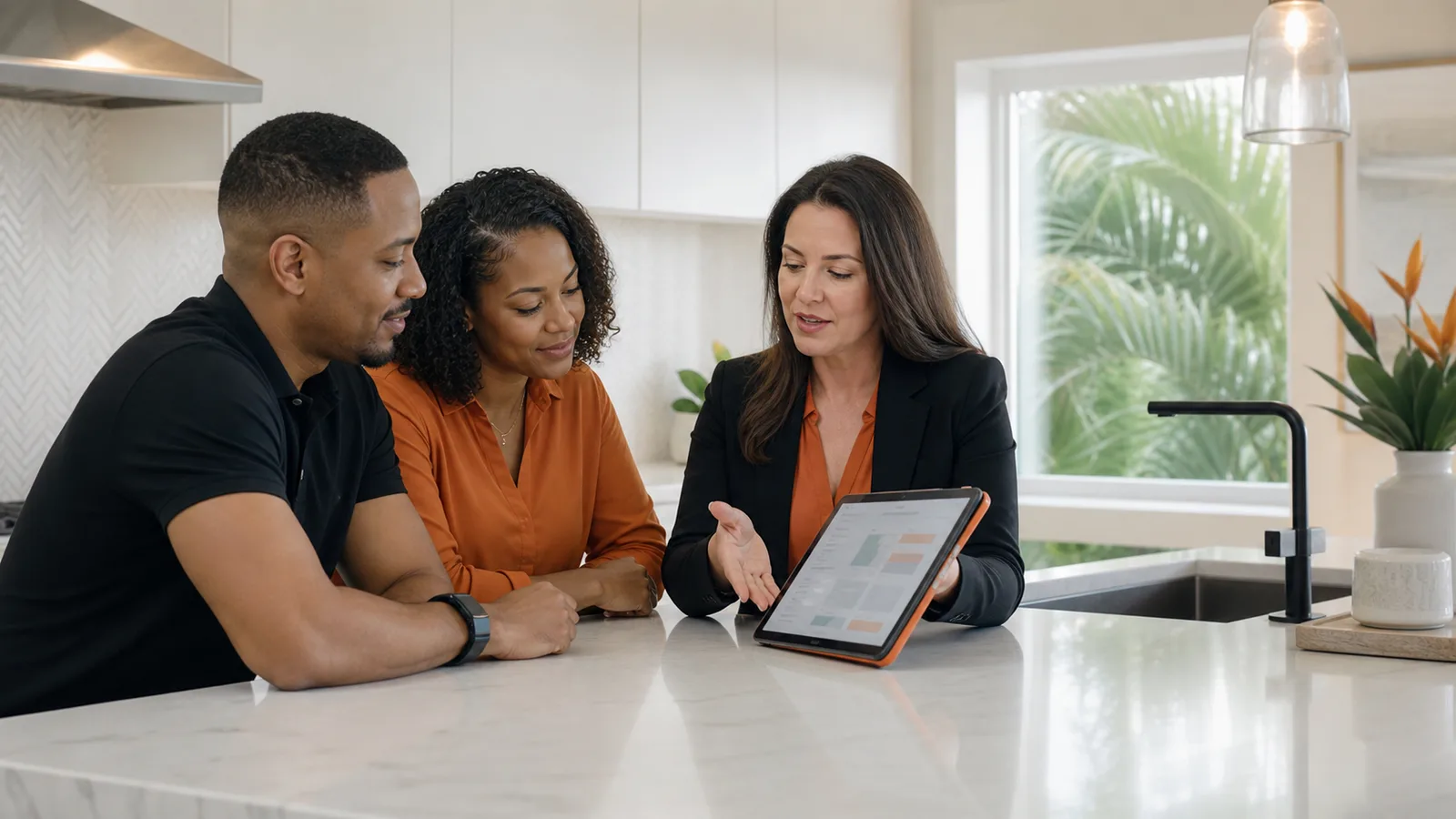A couple discussing home finances with an adviser at a table.