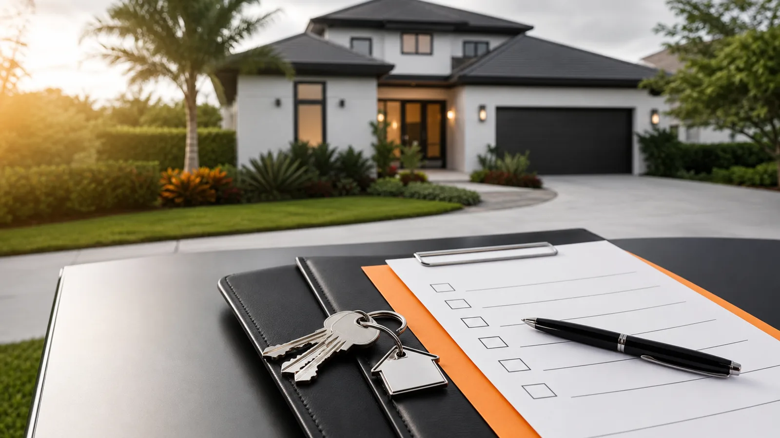 House keys and a checklist with a single-story home in the background.