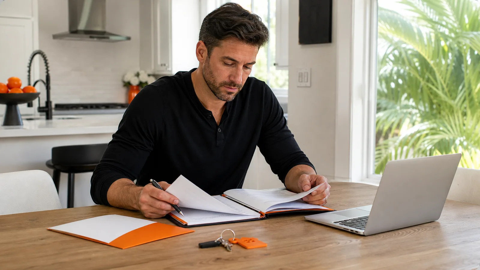 A man organizing papers at a sunlit table.