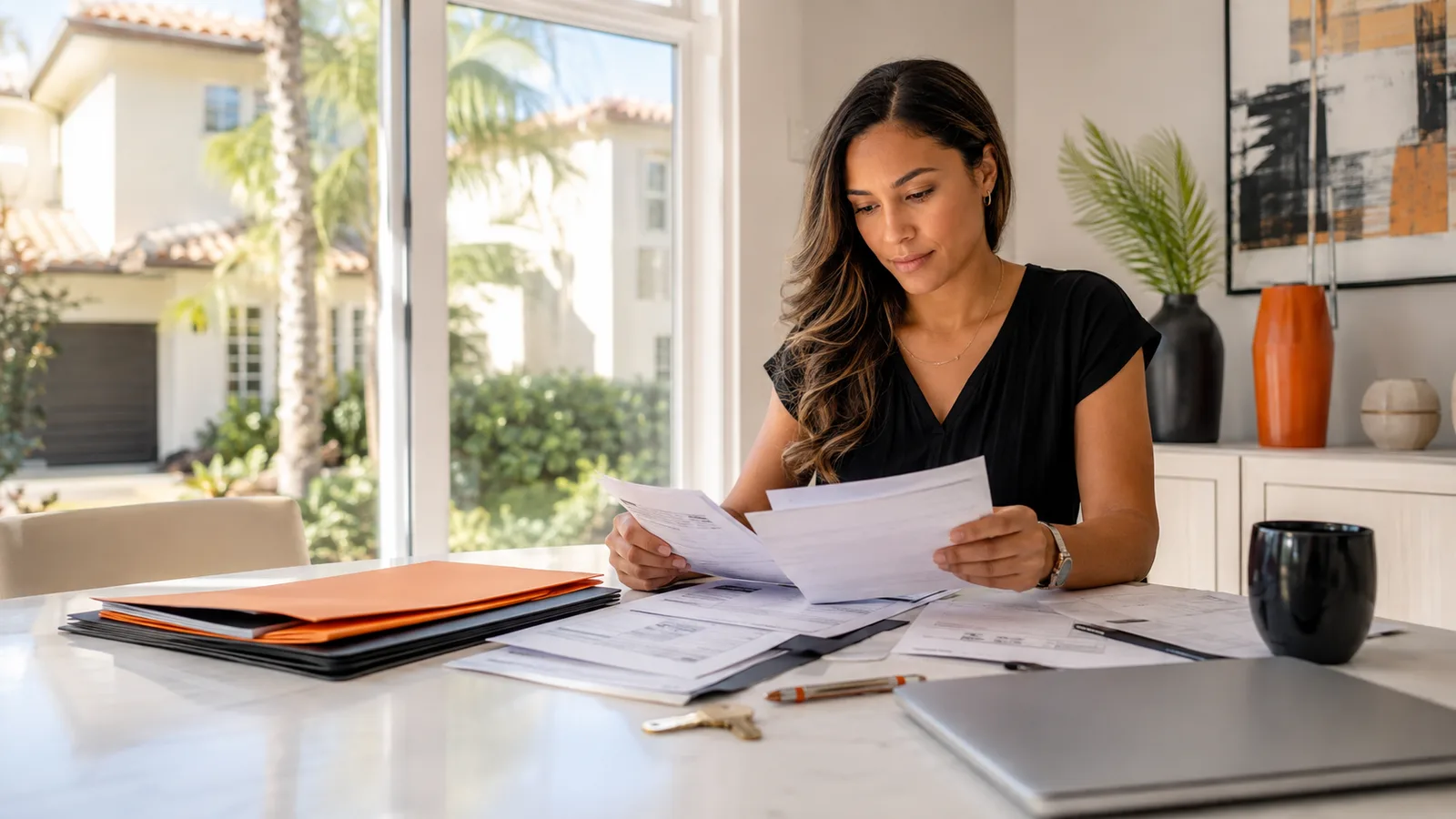 A woman looking through paperwork at a home table.