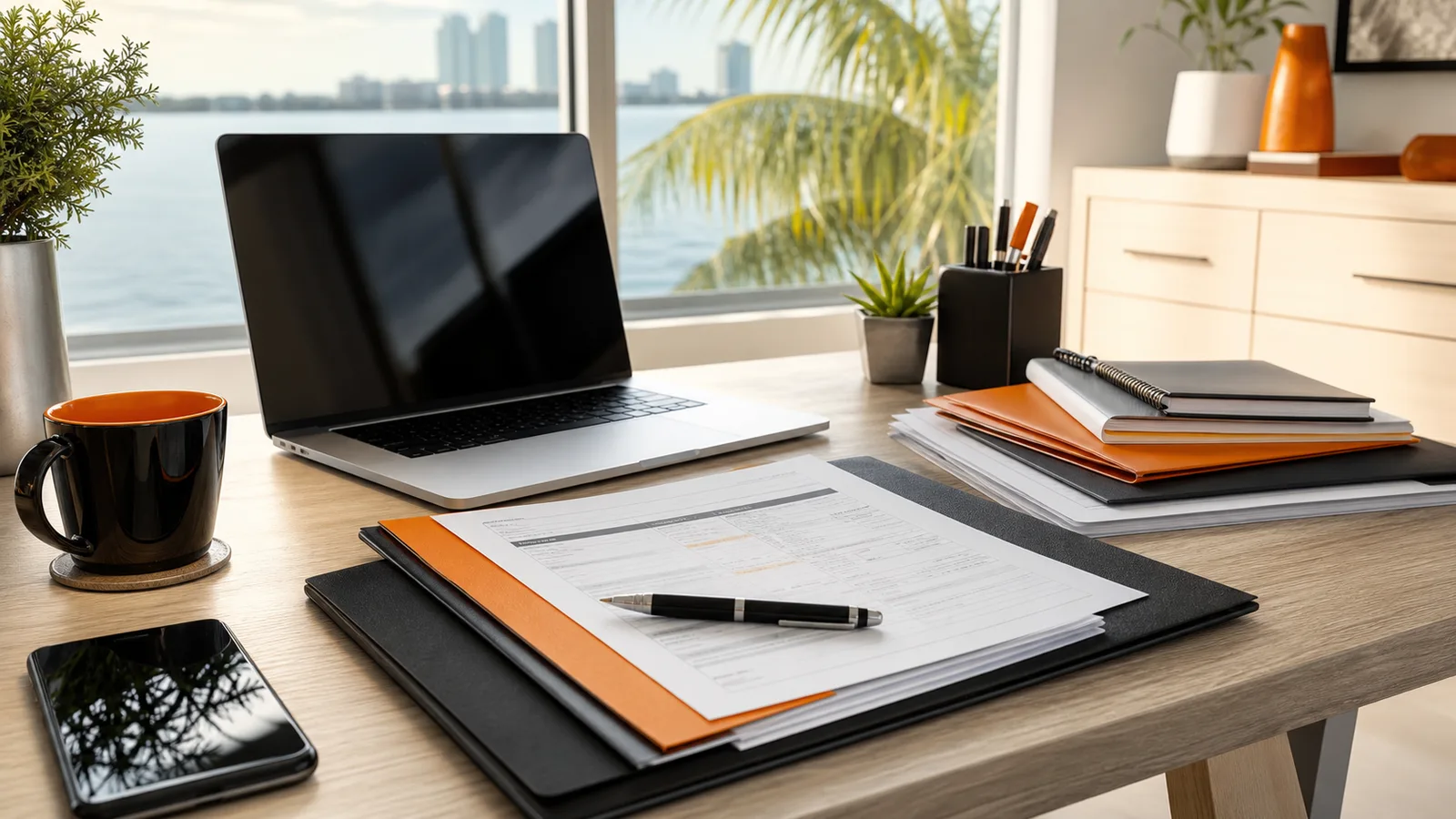 Organized folders, a laptop and keys on a home office desk.