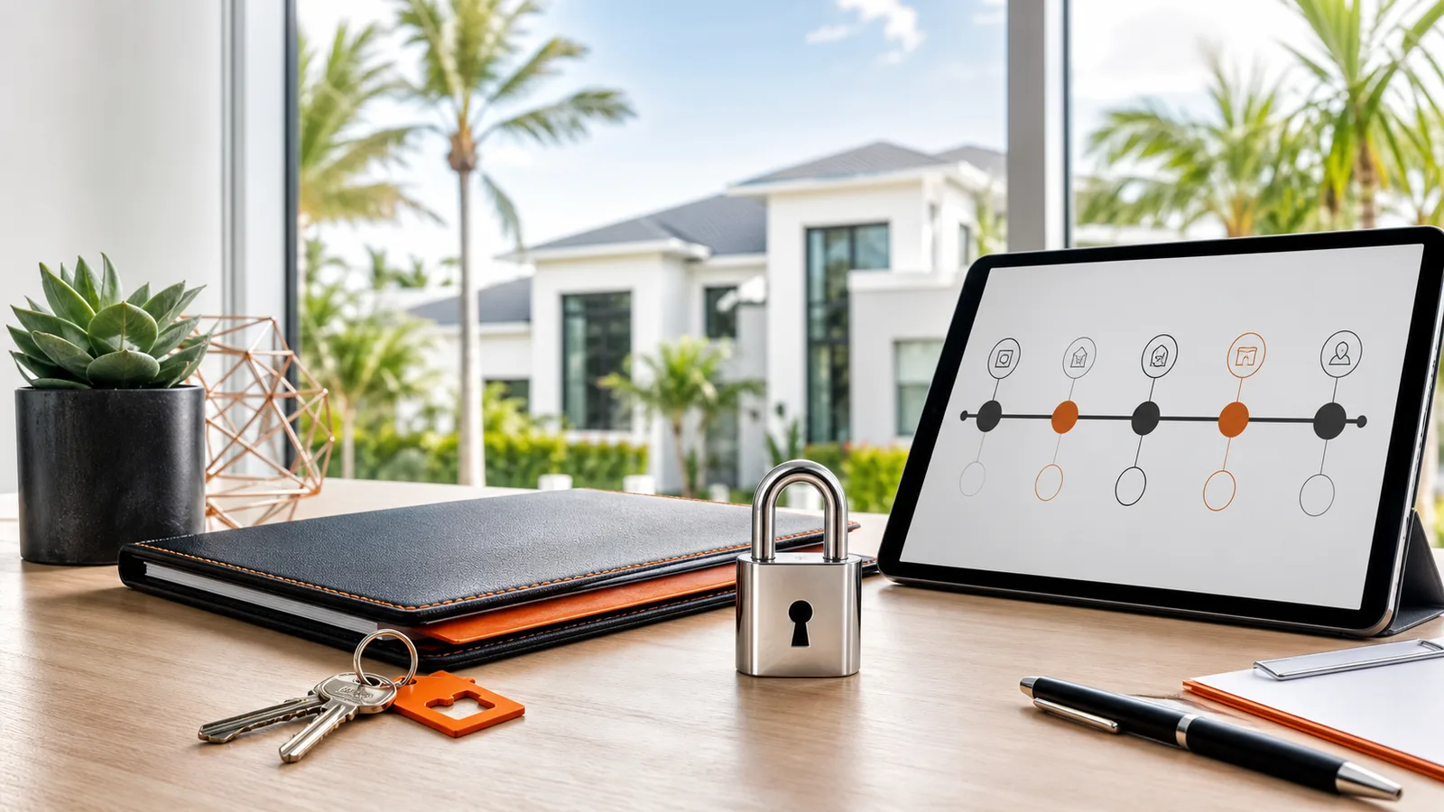 Keys, a small lock and a tablet on a bright kitchen counter.