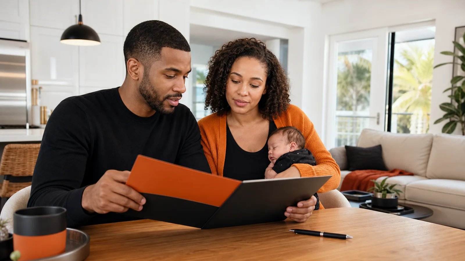 Parents with a baby reviewing a folder at home.