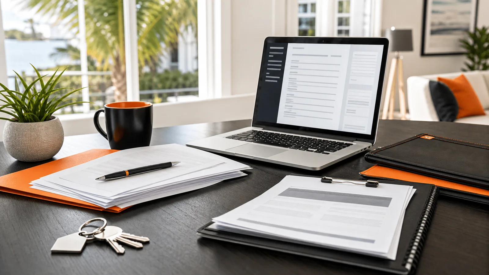 Organized folders and keys beside a laptop in a bright home office.