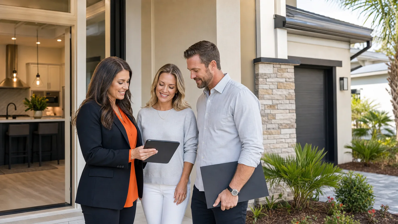 A property professional and homebuyers talking at a new home entry.