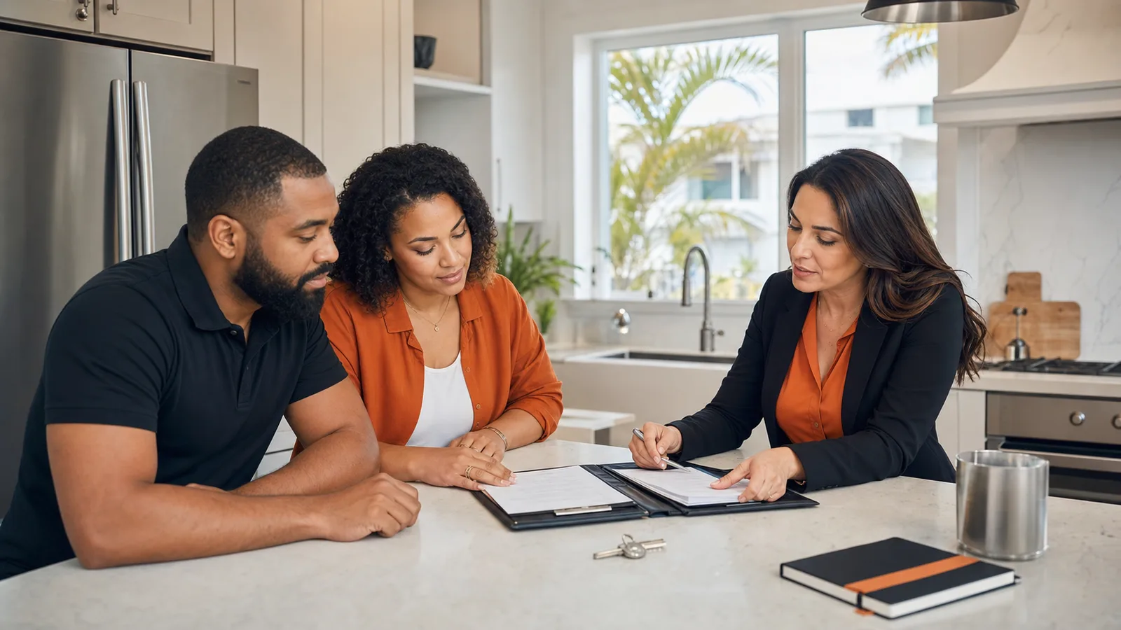 A couple and an adviser reviewing papers at a home table.