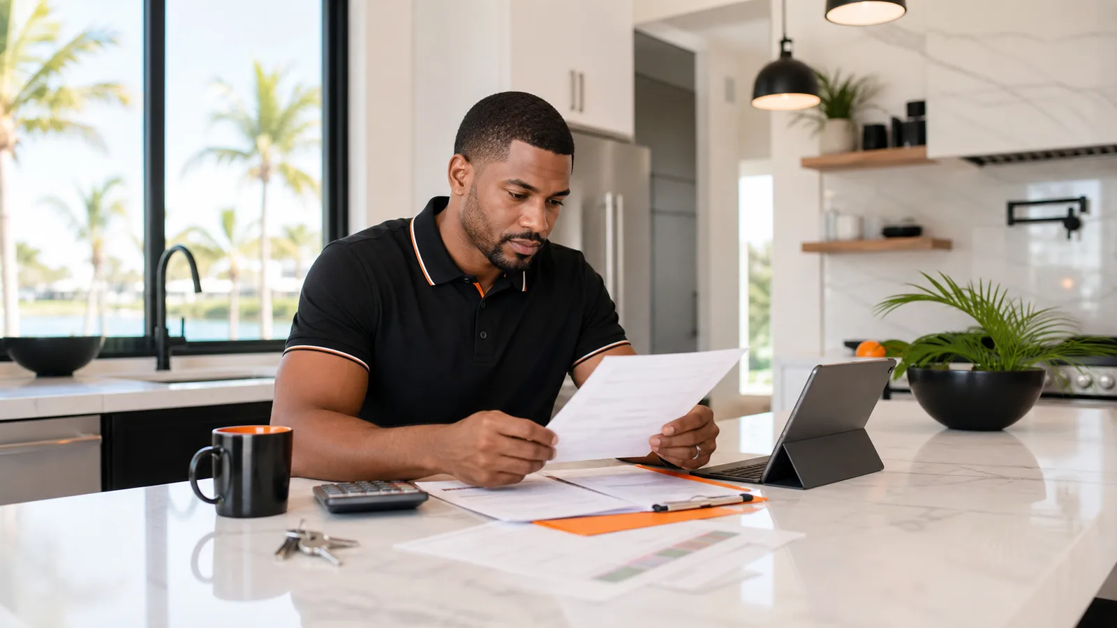 A man examining paperwork beside a laptop at home.