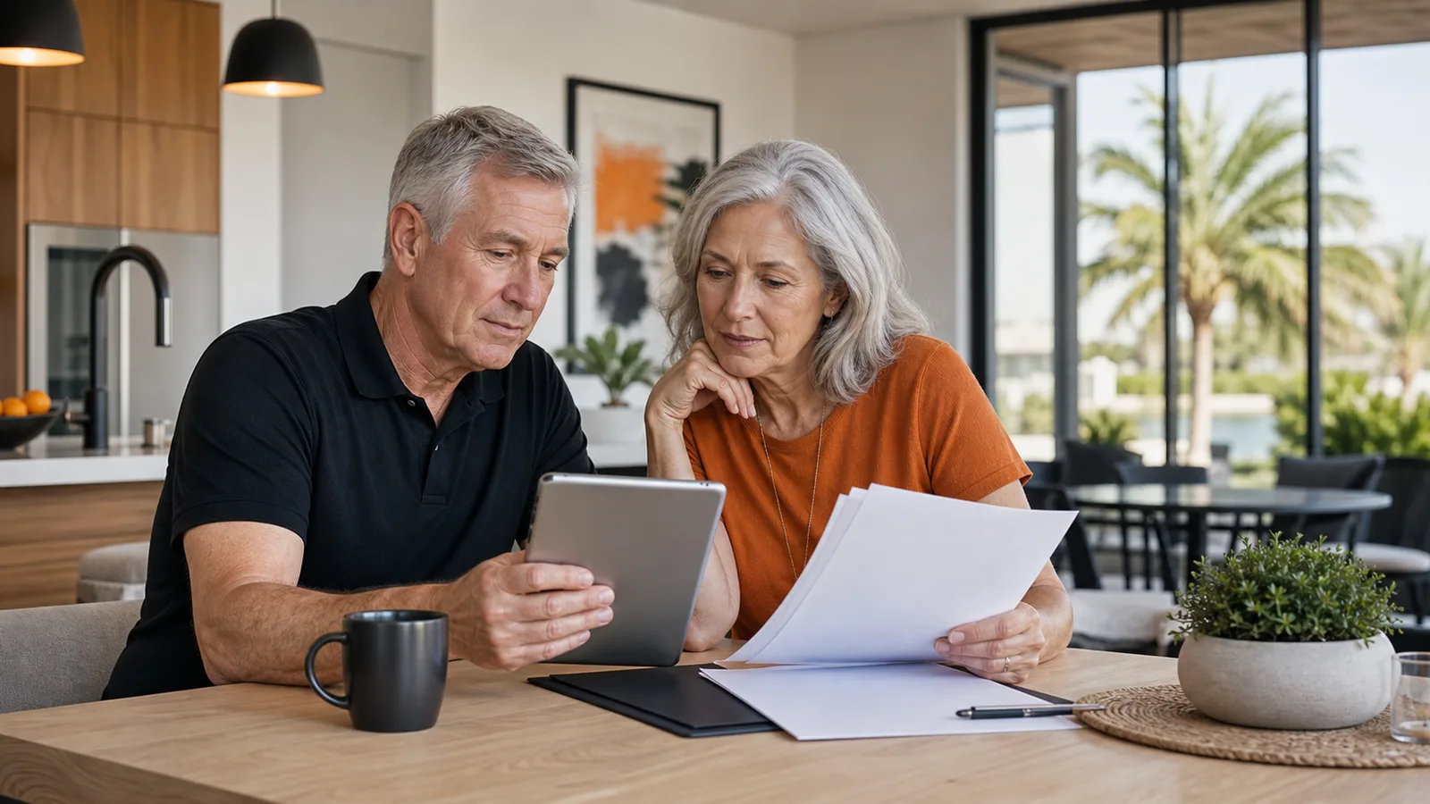 An older couple reviewing a tablet and papers at home.