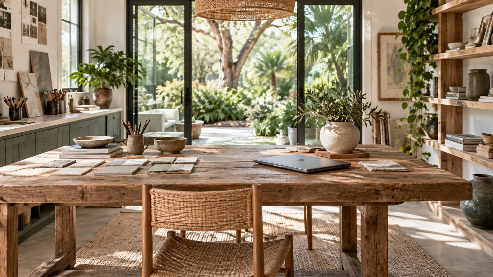 A serene home studio in Northeast Florida with workbench, ceramic samples, closed laptop and a leafy garden view.