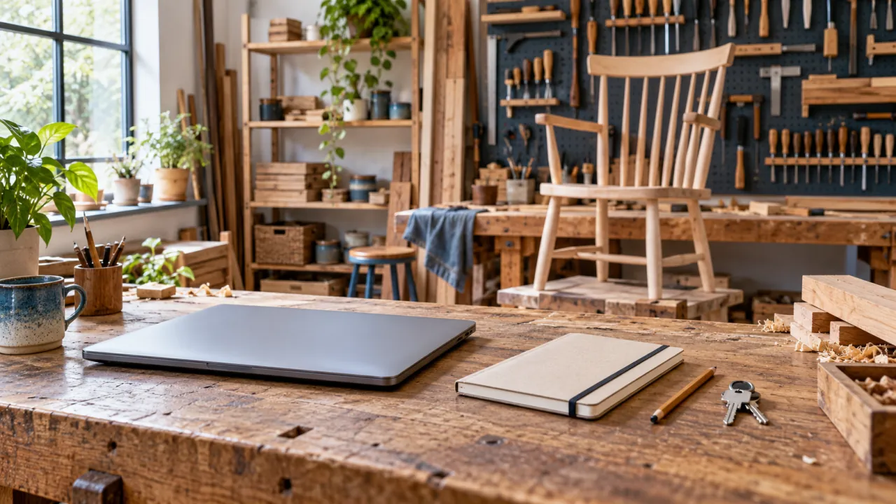 A self-employed craftsperson’s workbench with a laptop, notebook and house keys in a woodworking studio.