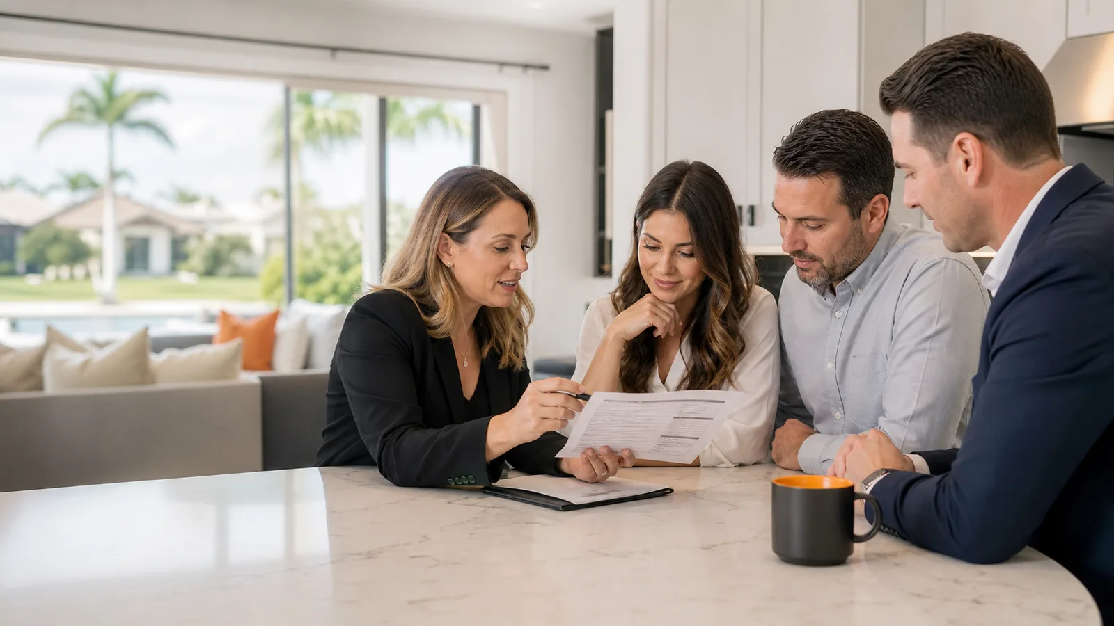 A couple and an adviser comparing information at a kitchen table.