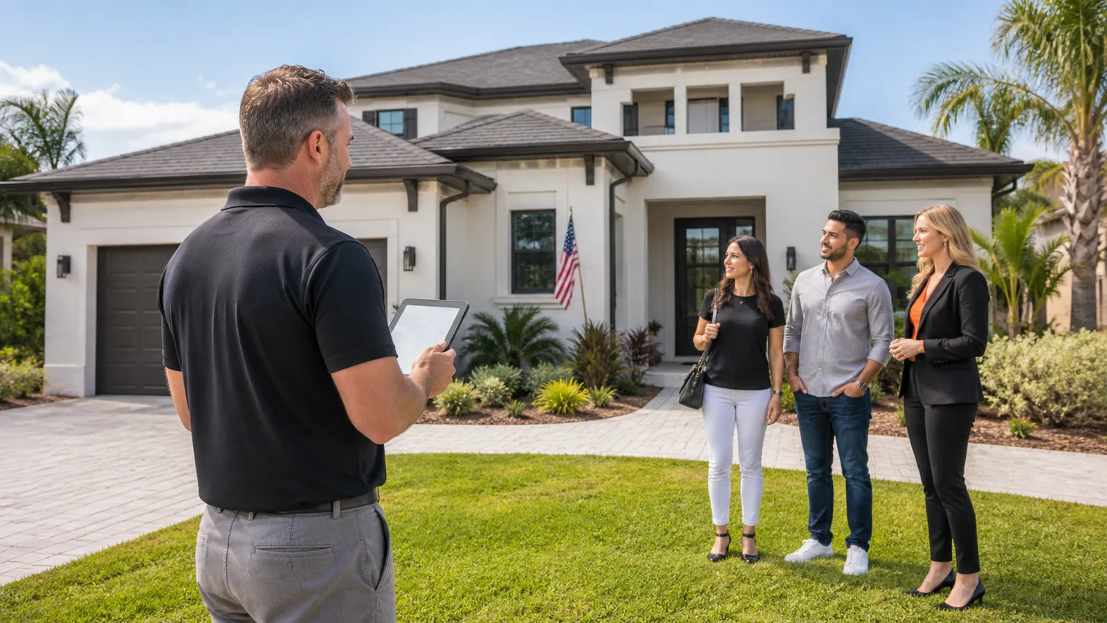 An inspector outside a house with homebuyers near the entrance.