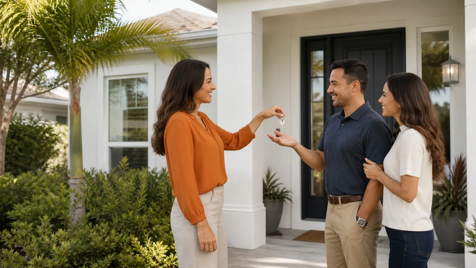 An exchange of house keys at the entrance of a home.