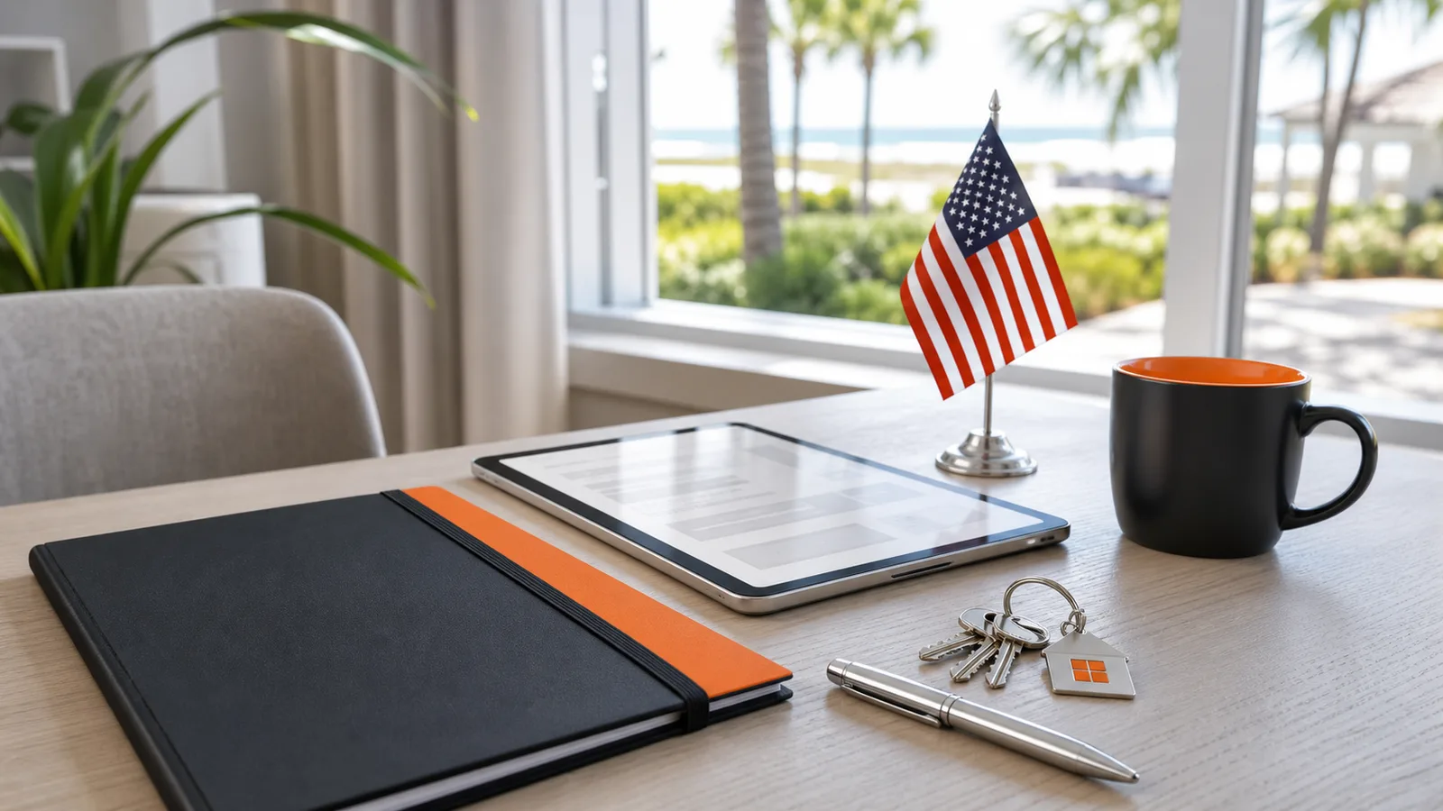 Keys, a notebook and a small American flag at a home workspace.