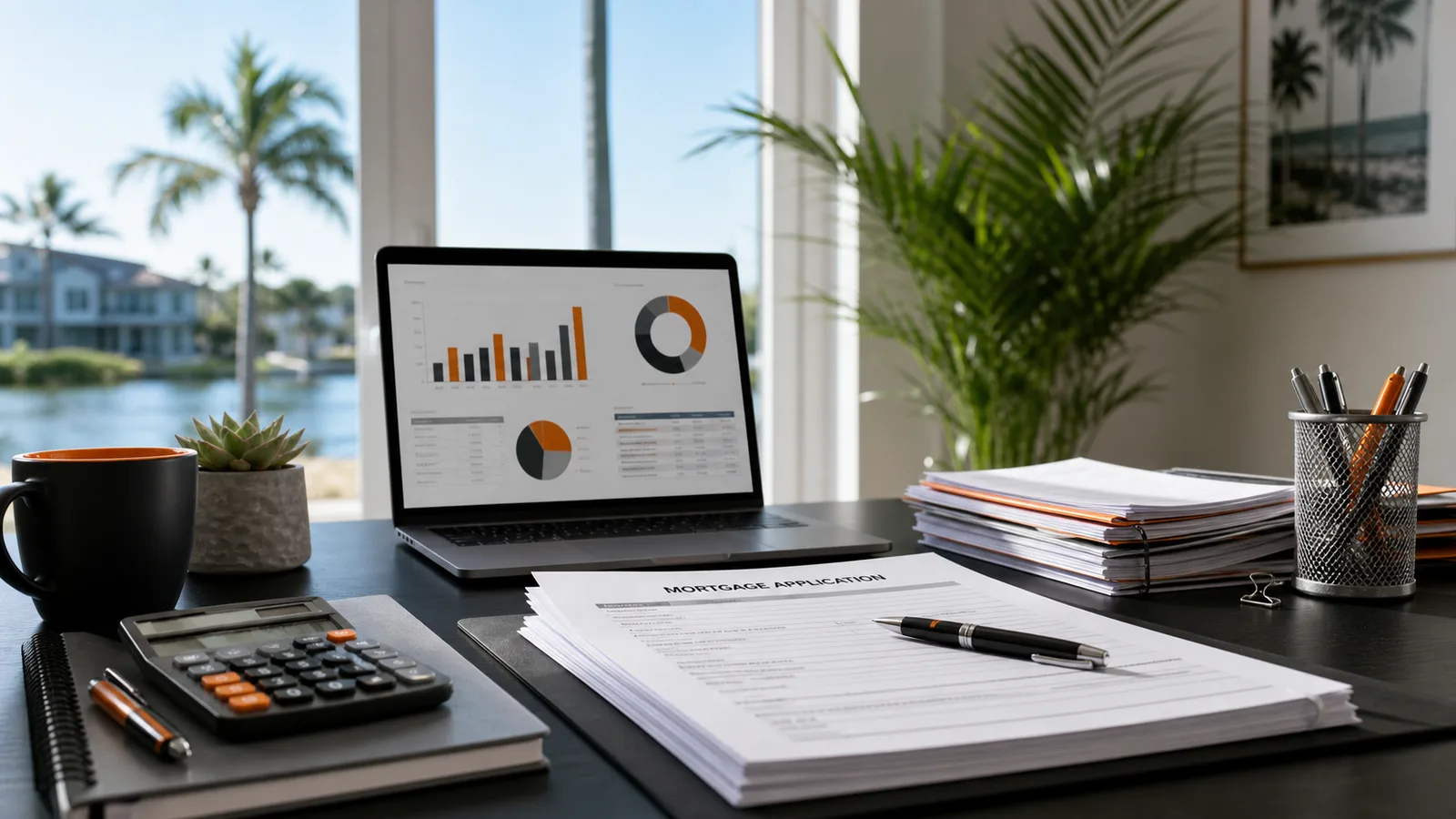 A laptop and calculator beside folders in a sunlit home office.