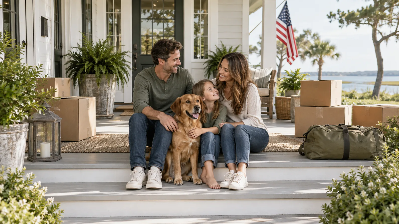 A family and dog on a coastal porch beside moving boxes and a duffel bag.