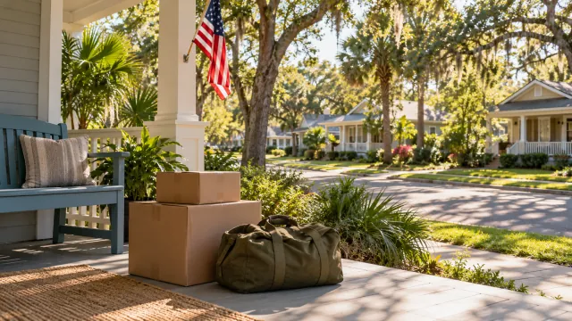 Moving boxes and a travel duffel on a shaded porch overlooking an illustrative Florida neighborhood.