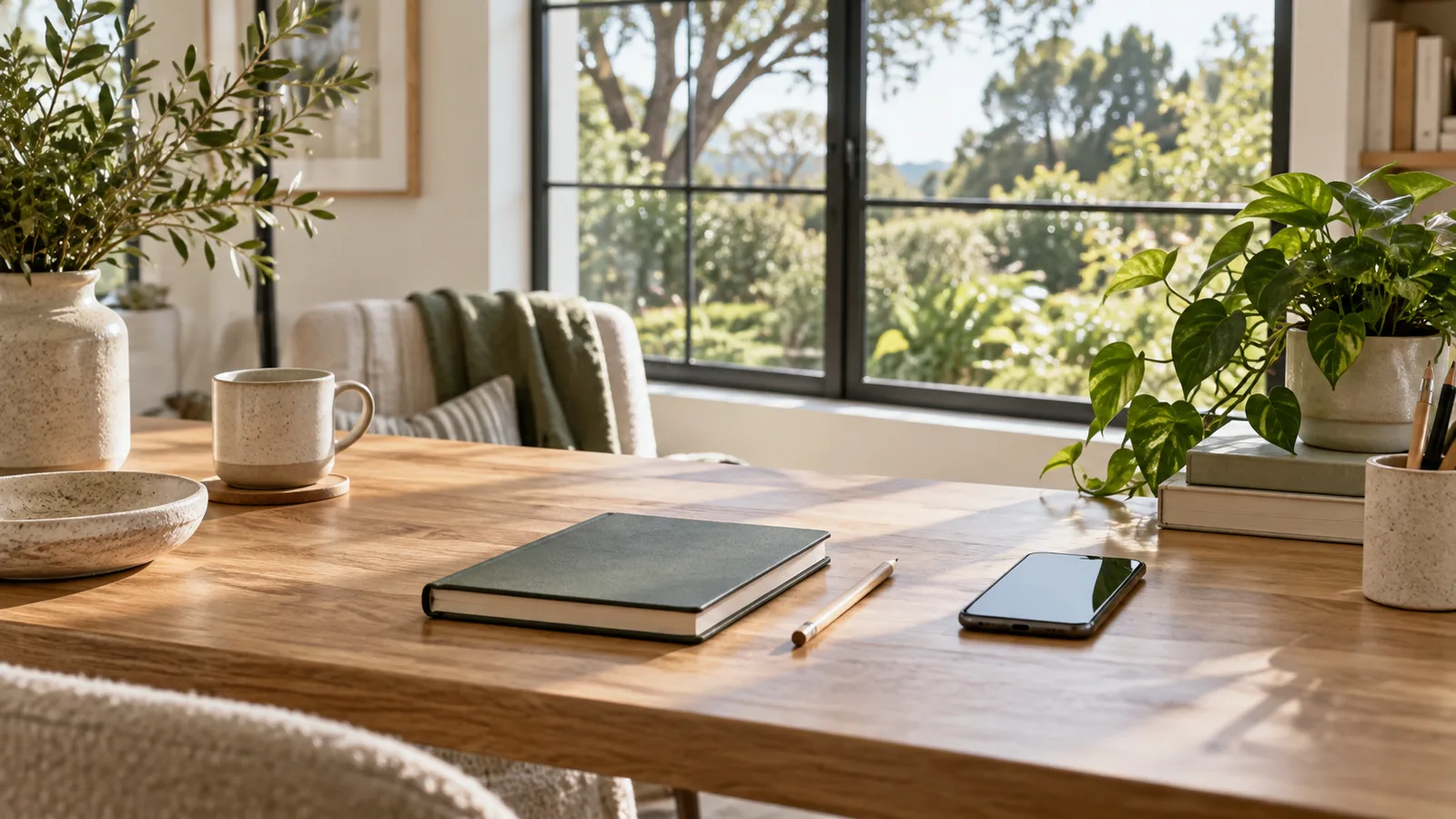 A sunlit home desk with closed notebook, simple pencil and blank-screen phone beside a window onto greenery.