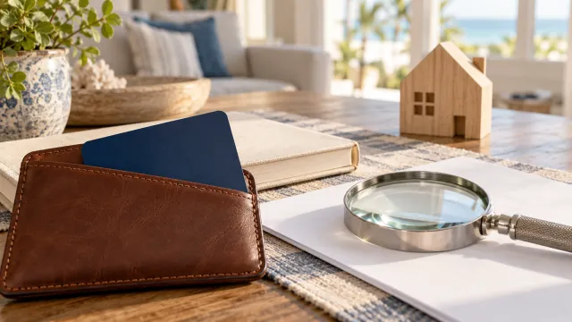 A plain card in a leather wallet beside a magnifying glass, blank paper and wooden house model.