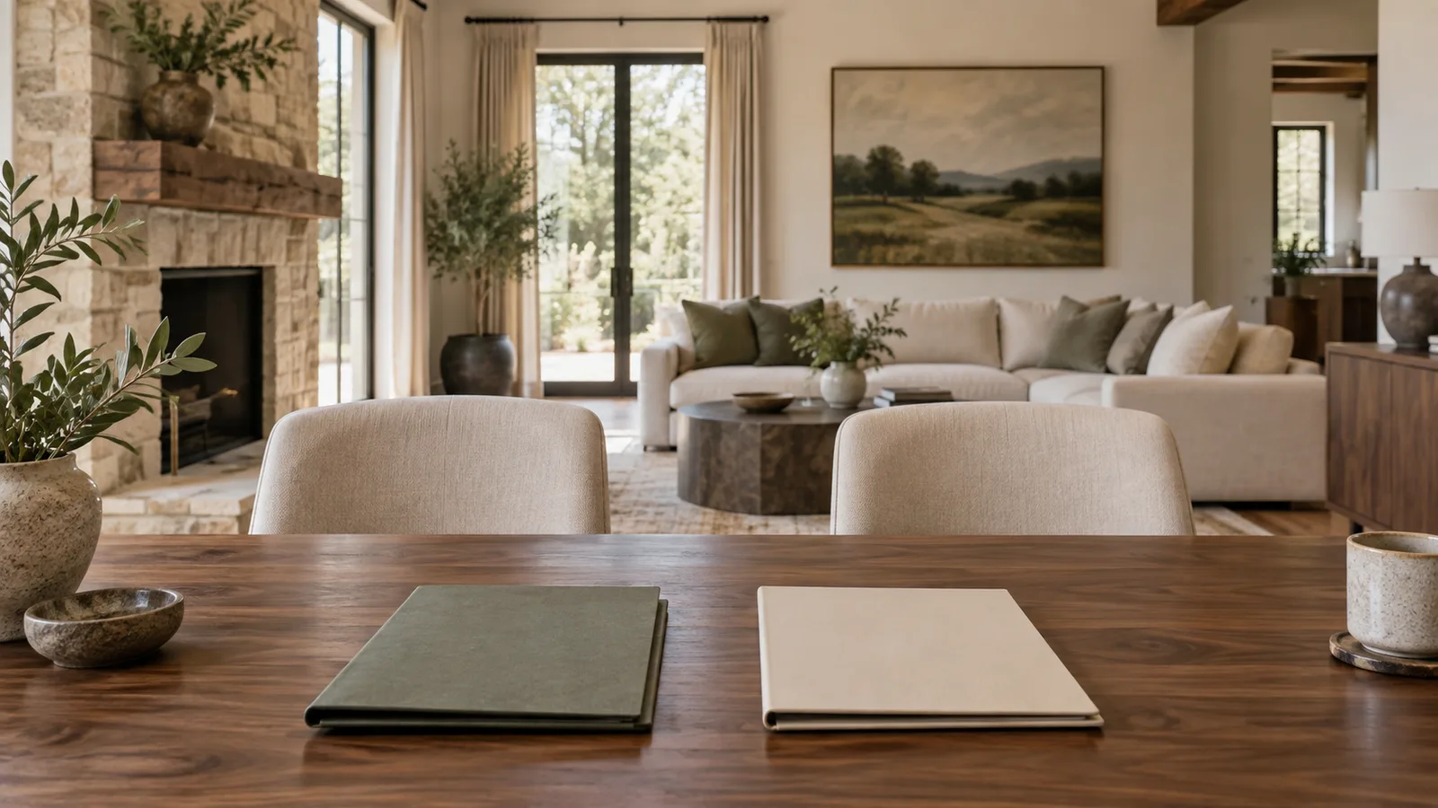 A refined home consultation setting with two empty chairs and two plain closed folders of different neutral colors on a walnut table.