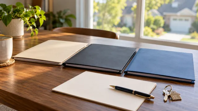 Three unmarked folders and house keys arranged for comparing mortgage options.