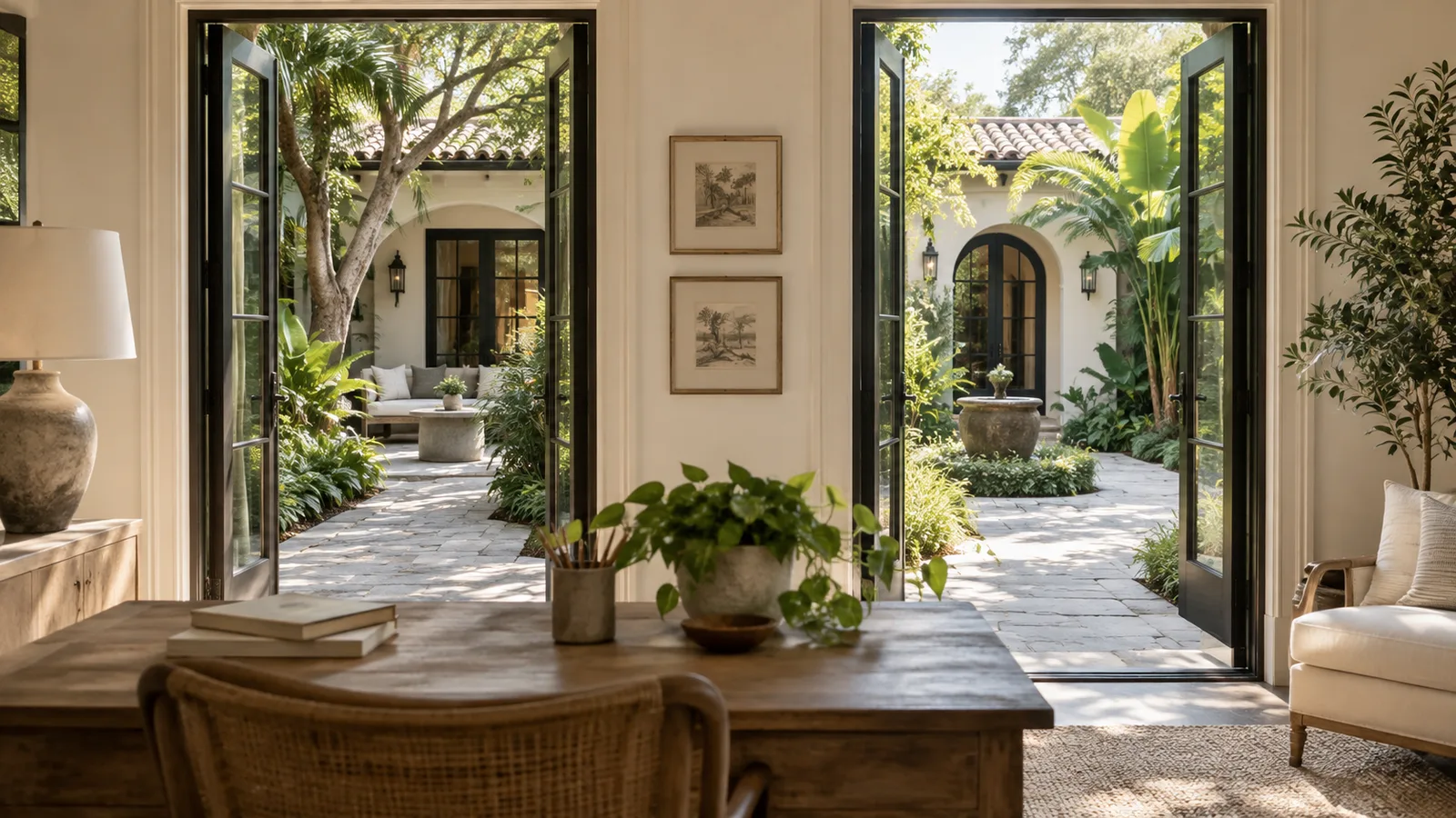 A Florida courtyard viewed through two adjacent doorways from a tasteful airy home office, two equally inviting paths as a quiet metaphor for comparing financing.