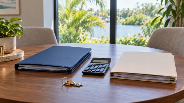 Two sets of lender folders, a calculator and house keys arranged on a meeting table for comparison.