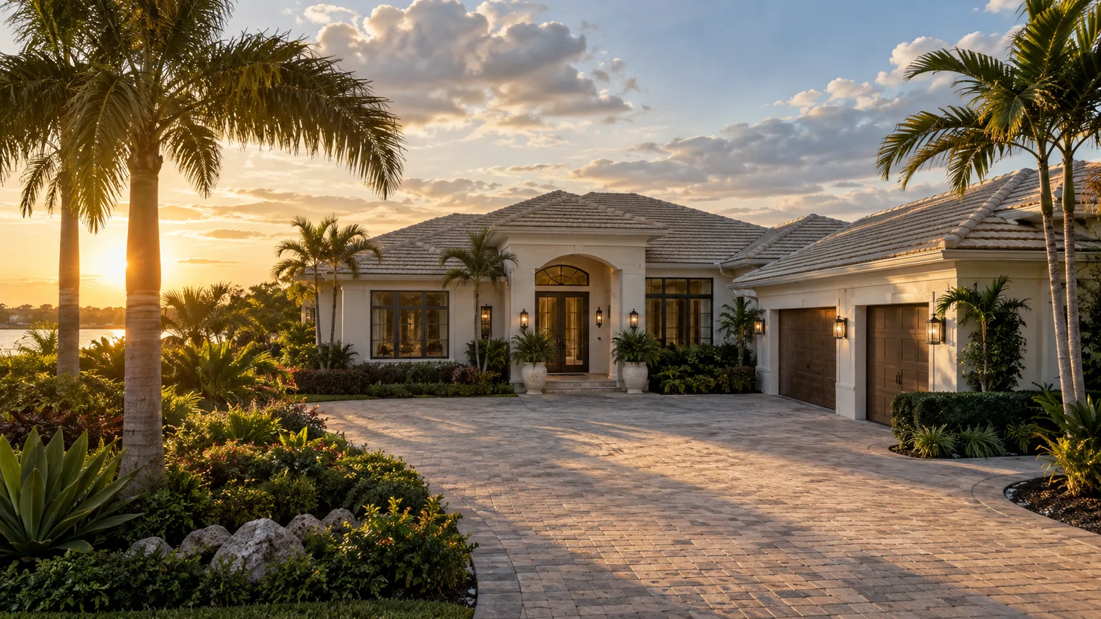 A timeless Florida residential roofline after passing clouds, golden sunlight meeting cool sky, thoughtful market outlook visual without graphs or predictions.