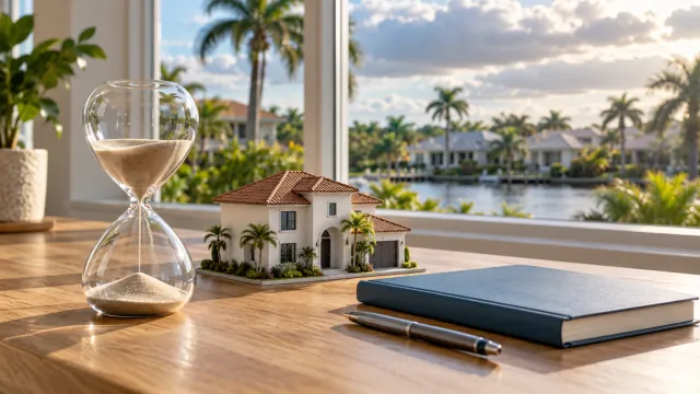 Hourglass, small house model and closed notebook beside a window overlooking Florida homes.
