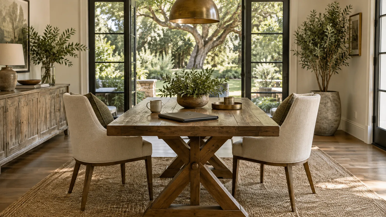 An unoccupied home dining room set for a practical property conversation, two chairs angled toward a table with a closed folder, view of a mature garden.