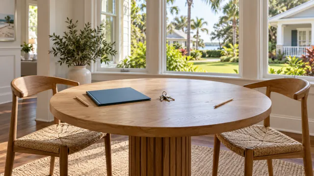 Two empty chairs face a round table with a blue folder, pencils and house keys in a bright home.