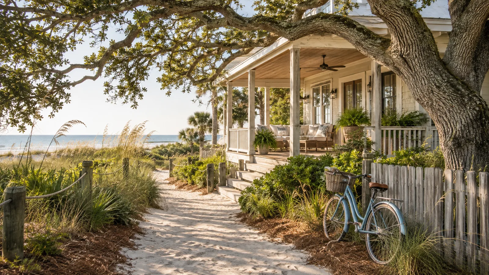 A Northeast Florida coastal residential path with sea-oat garden, wooden porch and live-oak canopy, a bicycle leaned safely against a fence, gentle coastal daylight.