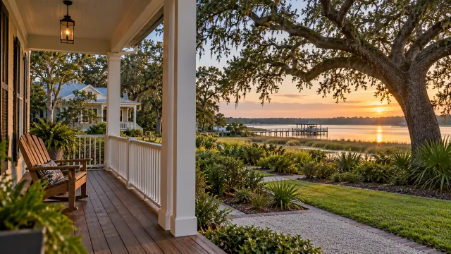 Shaded porch and neighborhood path overlooking a calm river beneath live oaks.