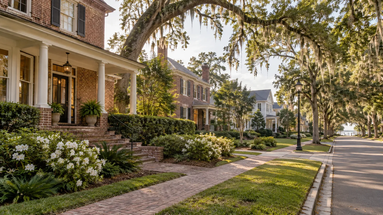 A calm Northeast Florida residential neighborhood with older brick houses and a newer home in the distance, balanced wide architectural view, soft morning sky.