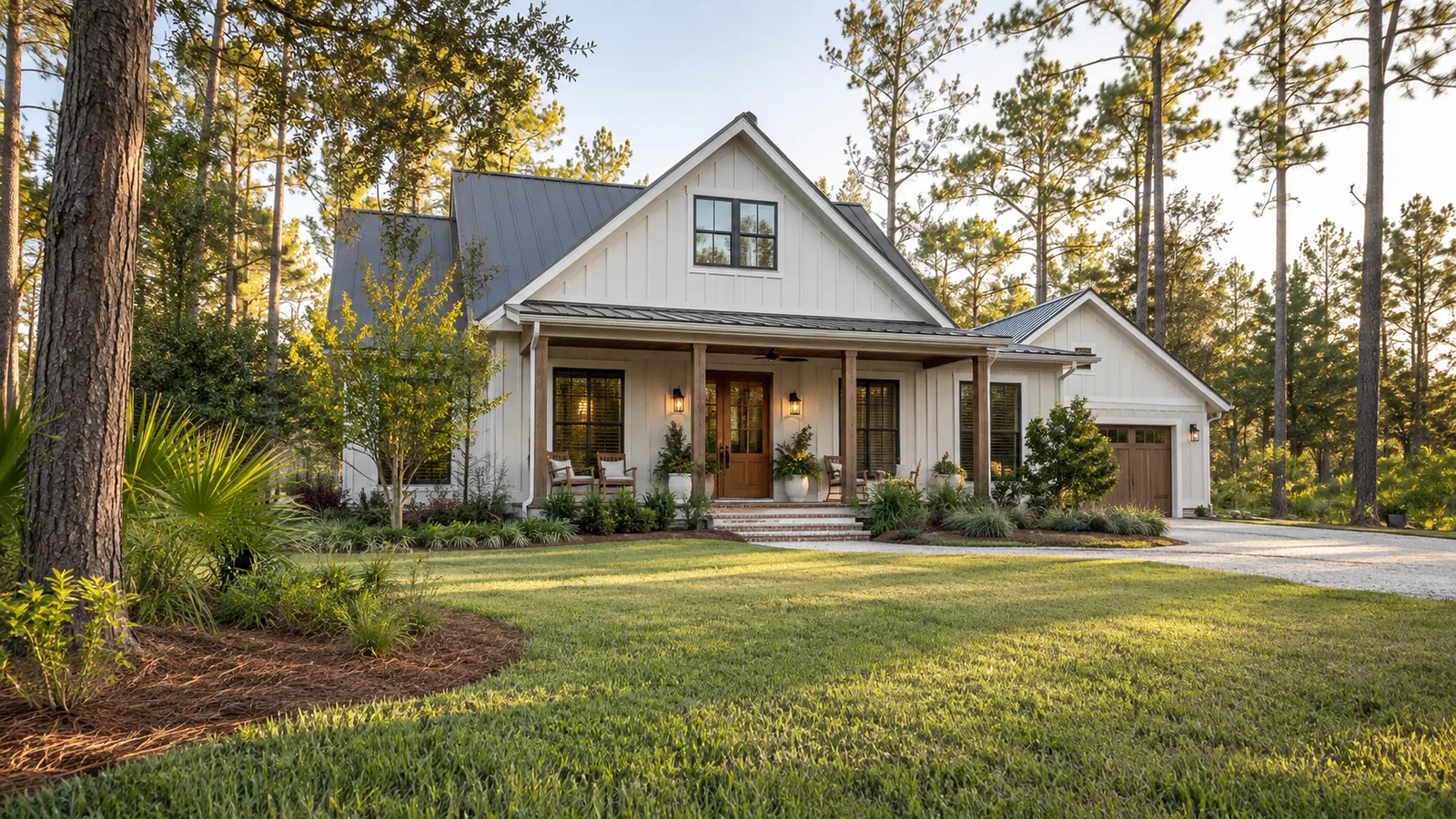 A modest Northeast Florida rural-edge home with porch, broad grassy yard, pine trees and a simple drive.
