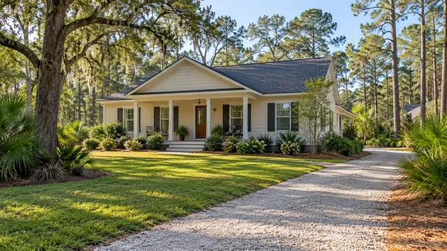 Illustrative single-story home with a covered porch and gravel drive beside pines and live oaks.