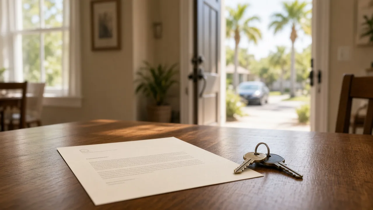 A single lender letter and a set of house keys on a dining table in a Jacksonville home, with a sunny palm-lined street through the open front door.