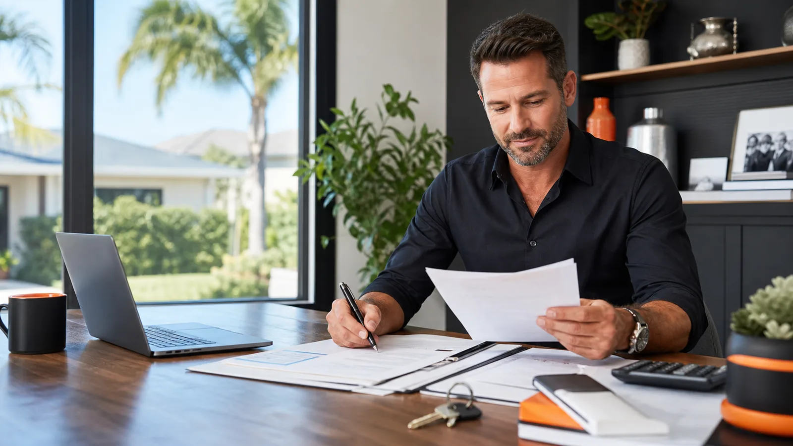 A man reviewing business paperwork at a bright home table.