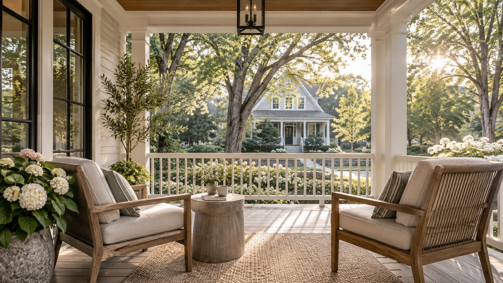A peaceful empty covered porch looking toward a welcoming neighboring home and mature trees, two simple chairs, reflective morning atmosphere.