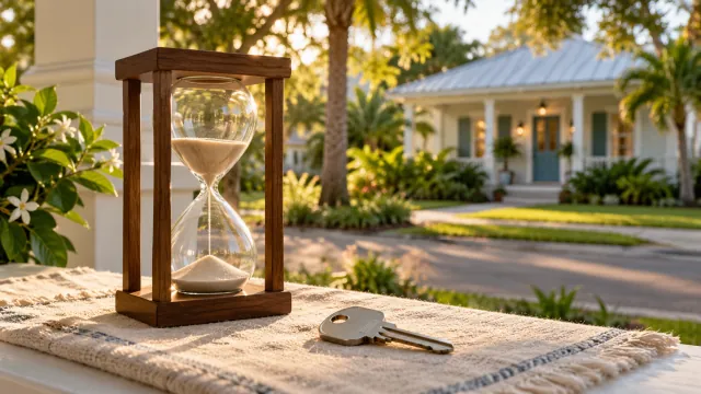 An hourglass and house key on a porch ledge with a home softly visible across the street.