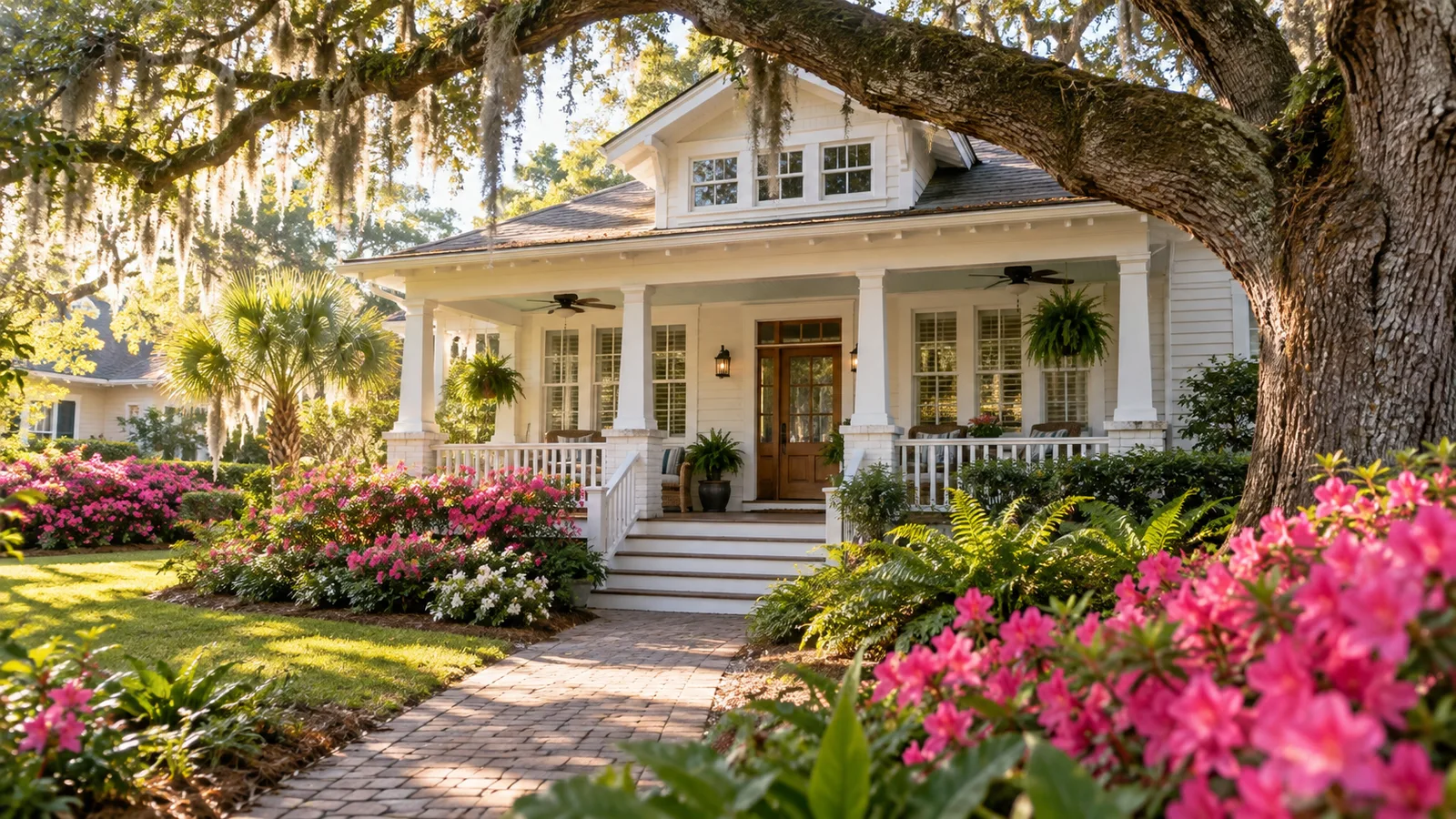 A Northeast Florida bungalow with blooming azaleas beneath a live oak and sunlit porch, fresh spring morning, regionally plausible architecture.