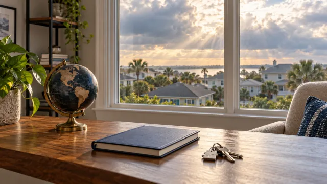 Home-office notebook, globe and keys beside a window overlooking Florida homes under spring clouds.