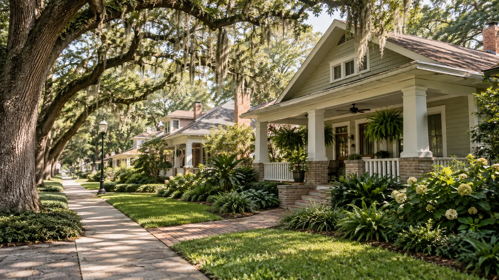 A leafy Jacksonville-inspired residential street with early twentieth-century bungalows, deep porches and mature trees, architectural magazine view.