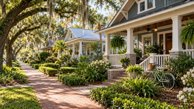 Illustrative tree-lined neighborhood with Craftsman bungalows, shaded porches and a brick sidewalk.