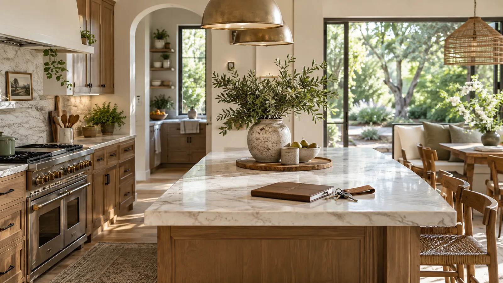 A lived-in elegant home kitchen with a closed notebook and keys on the island, warm wood cabinetry and soft green garden view, thoughtful long-term ownership.